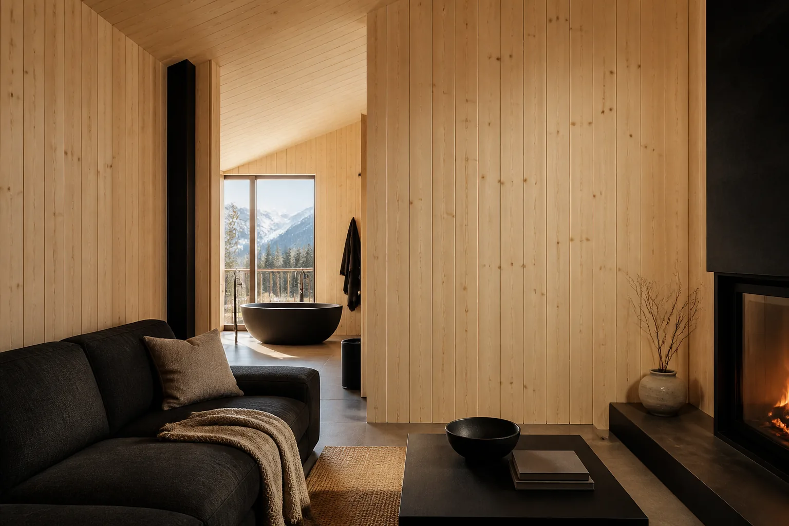 Interior premium placat cu lambriu natural din molid